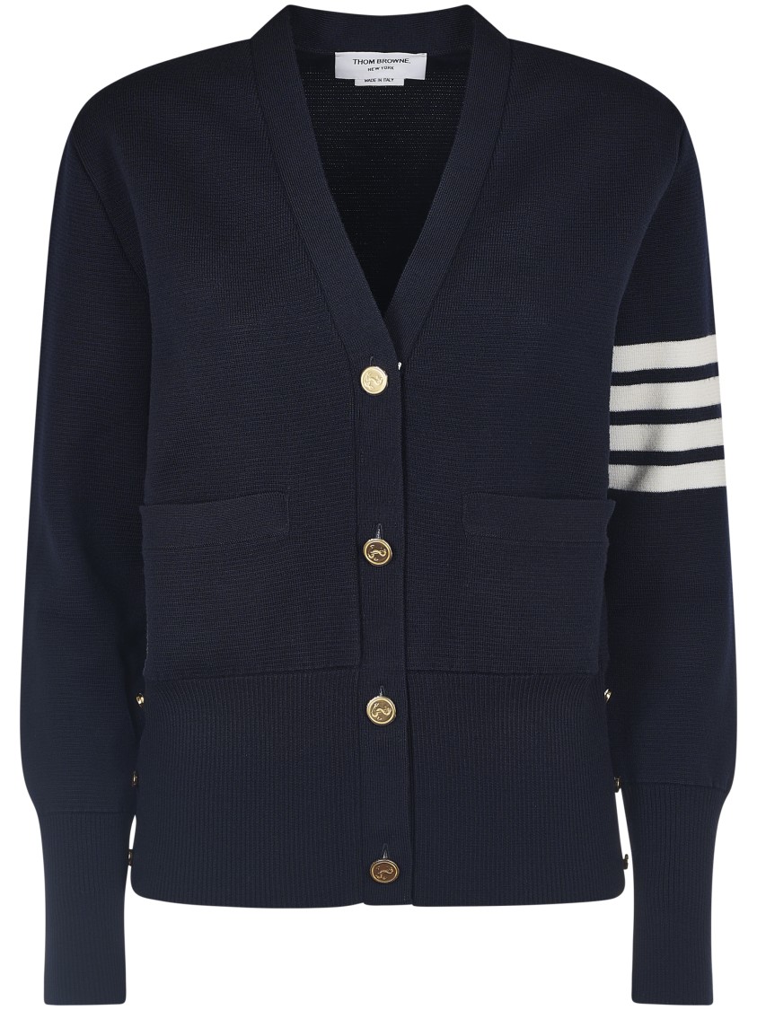 Thom Browne Fine Merino Wool V-neck Cardigan With Four-bar Stripe In Black