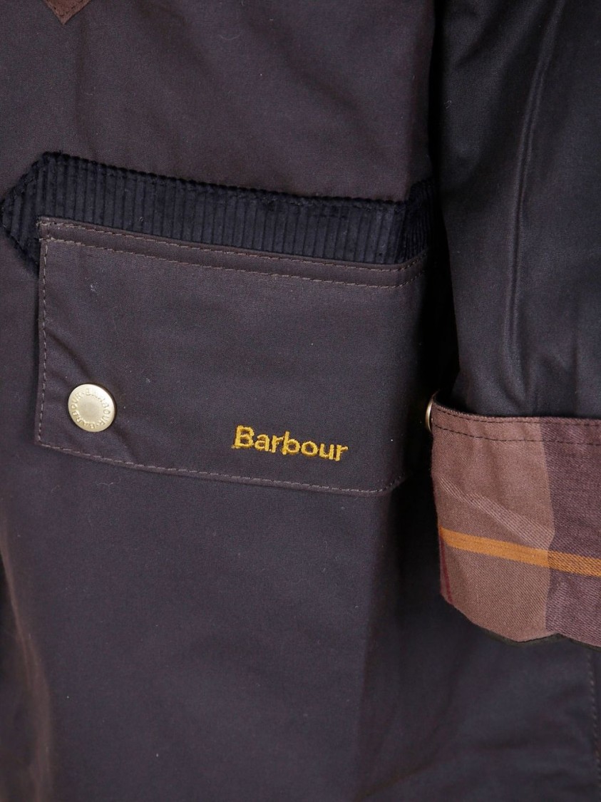 Barbour Brown Cotton Coat With Corduroy Collar And Tartan Details In Brown