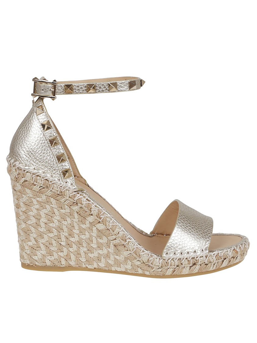 Valentino Studded Open Toe Wedge Espadrilles In Silver