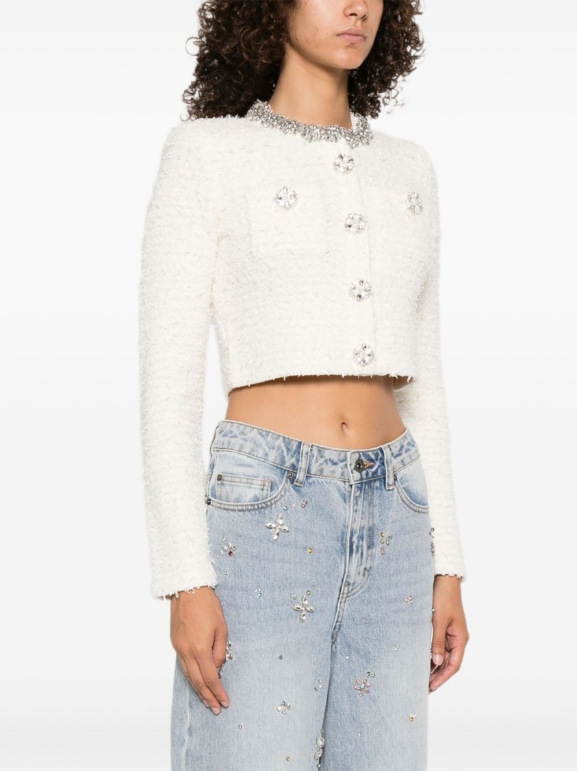 Self-portrait Cropped Sweater With Textured Boucle Knit And Crystal Embellishments In White