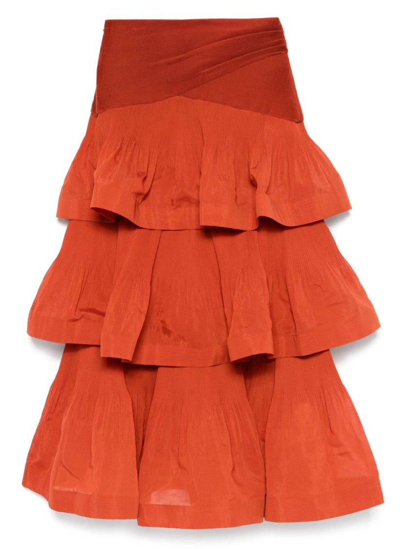 Zimmermann Ruffled Brick Red Maxi Skirt With Flared Hem And Draped Detail