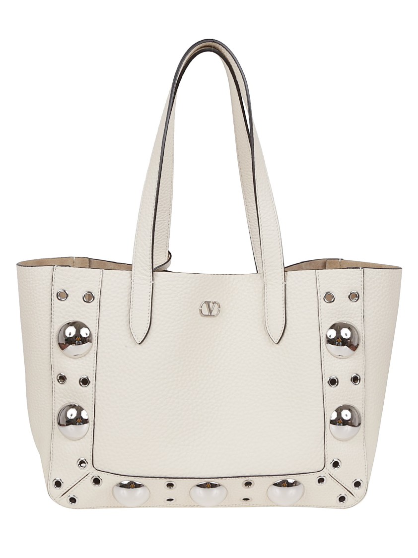 Valentino Garavani Medium Textured Leather Tote With Ball Studs And Signature Logo In White