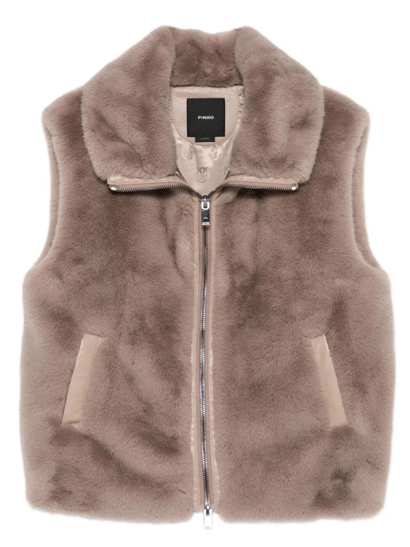 Pinko High Collar Faux Fur Vest In Beige In Neutral
