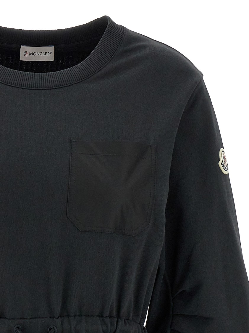 Moncler Black Dress With Elastic Waist And Logo Patch On The Sleeve In Tech Fabric Woman In Black