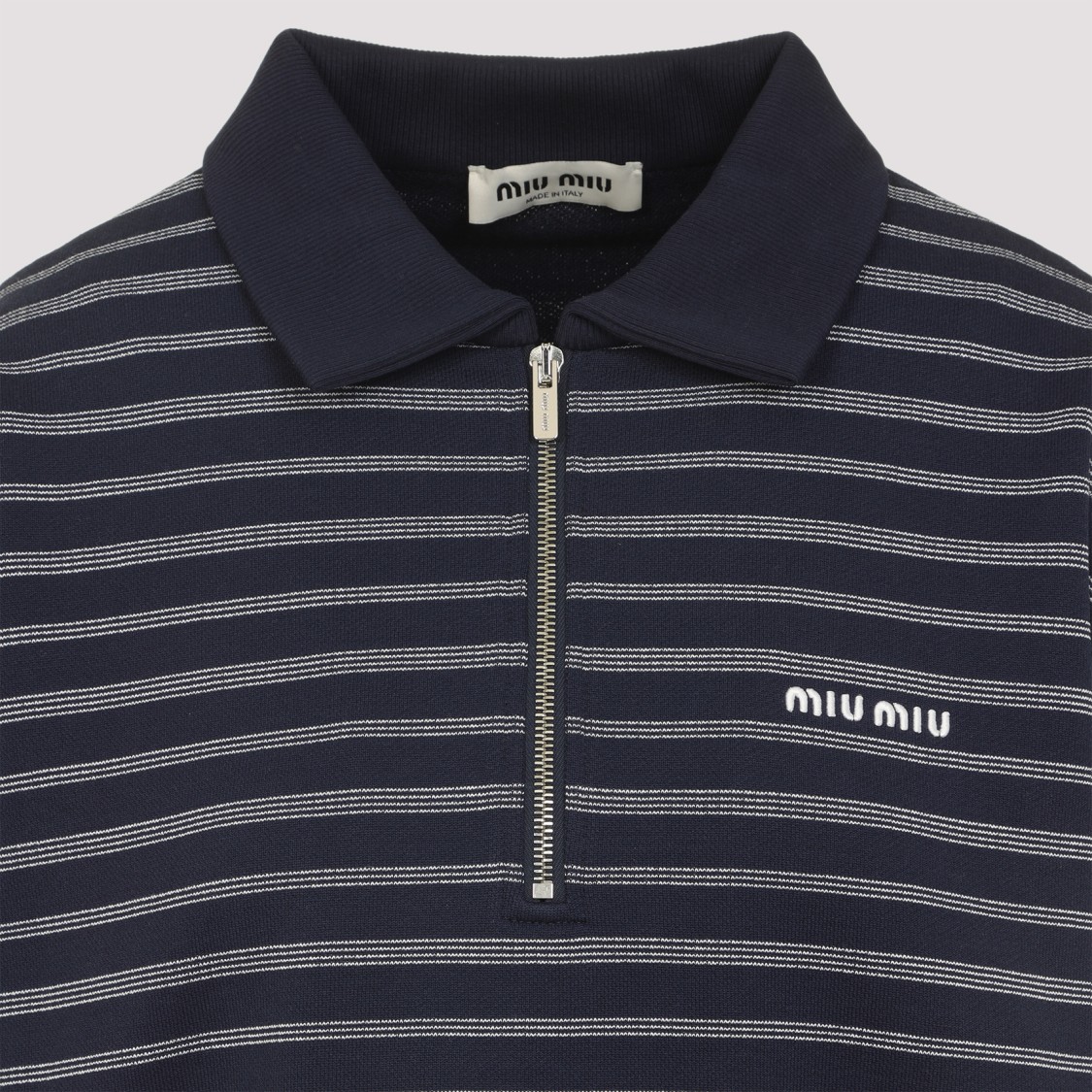 Miu Miu Striped Cotton Sweatshirt With Pointed Collar In Blue