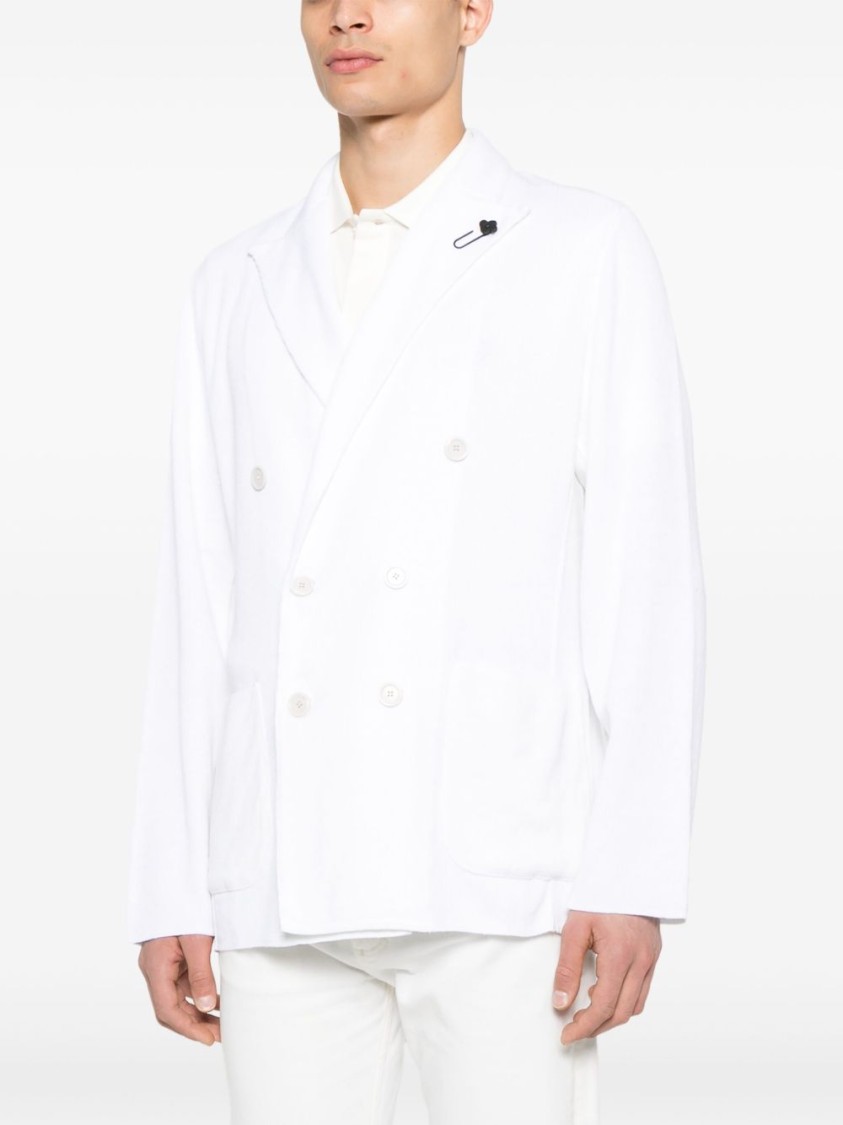 Lardini Double-breasted Linen Jacket With Brooch Detail In White