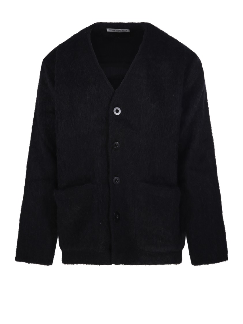 Our Legacy Textured Black Cardigan With Deep V-neck And Cozy Fit In Black
