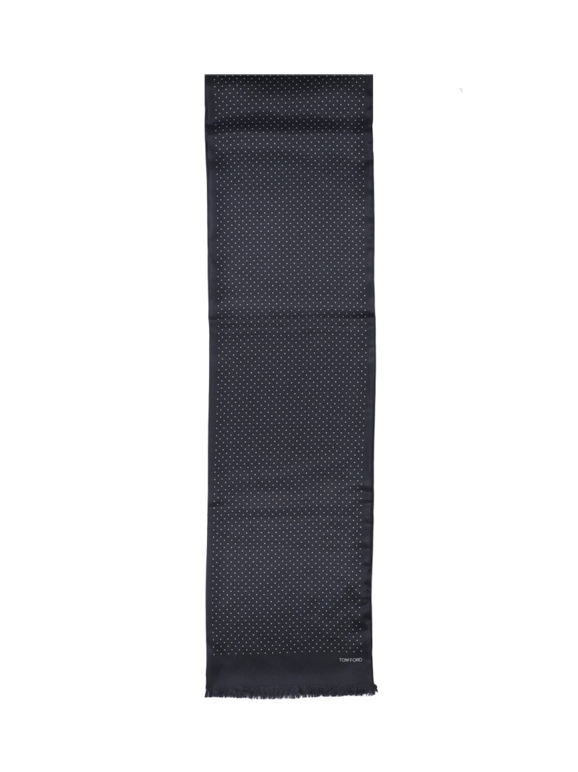 Tom Ford Fringed Black Scarf With Subtle Polka Dot Pattern In Blue