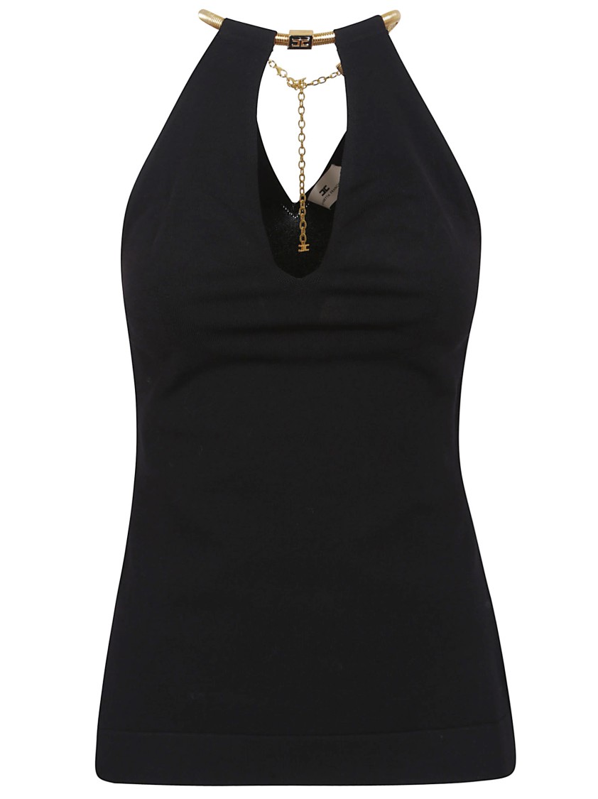 Elisabetta Franchi Deep Halterneck Knit Top With Removable Snakeskin Necklace In Black