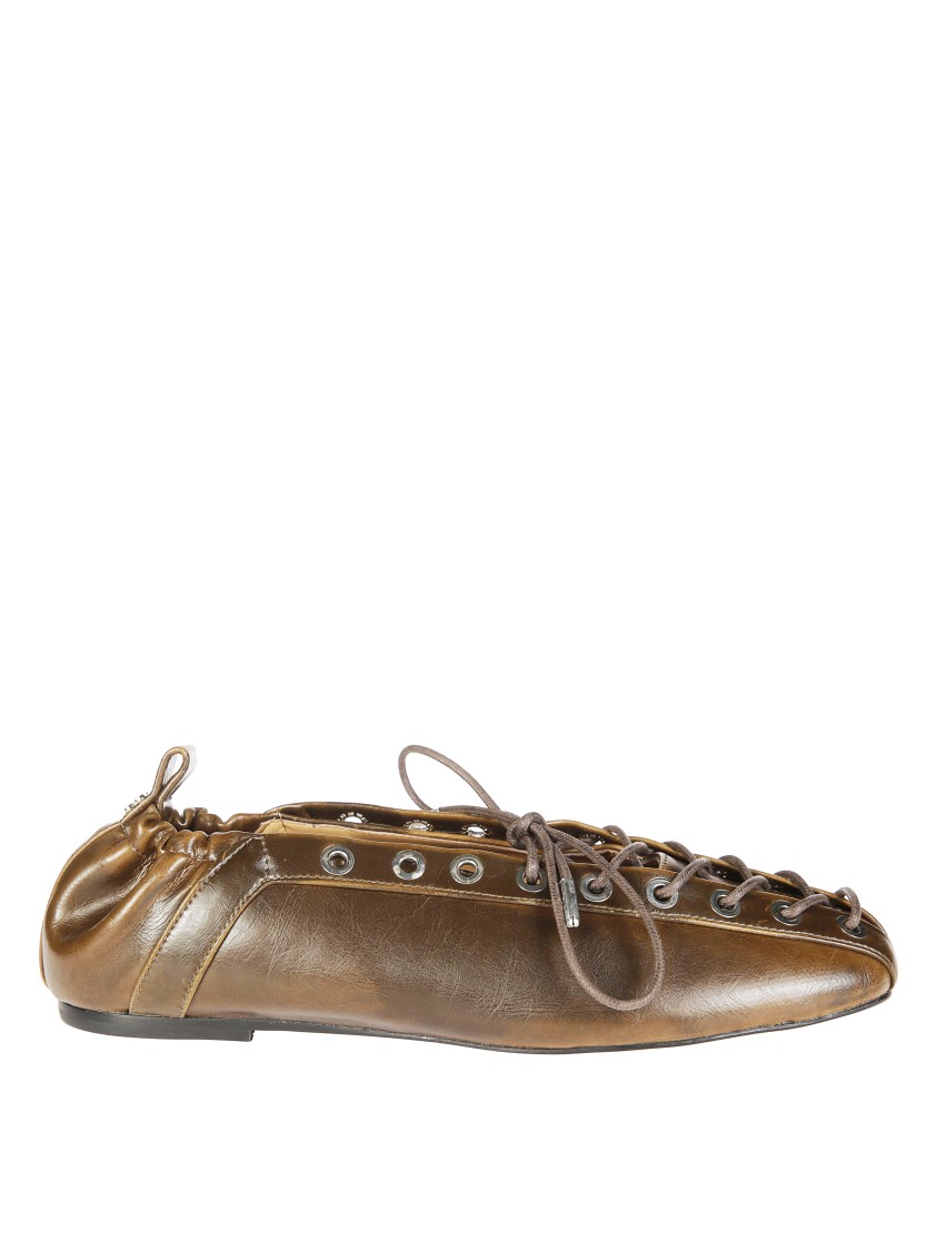 Ganni Eyelet Lace-up Ballerina Flats With Gathered Back