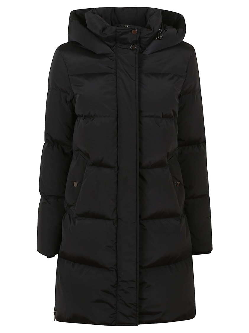 Woolrich Padded Hooded Mid-length Jacket With Structured Silhouette In Black