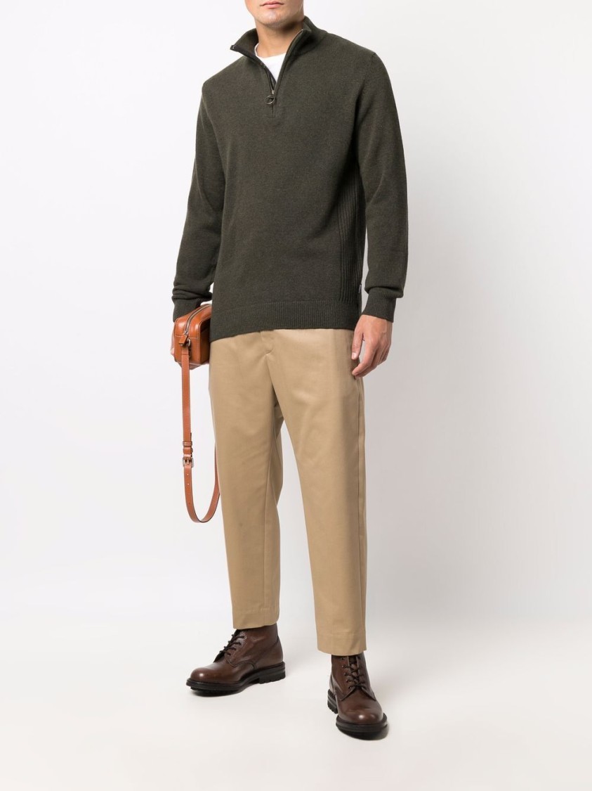 Barbour Khaki-green Wool Half-zip Sweater With Ribbed Edges And Elbow Patches In Black