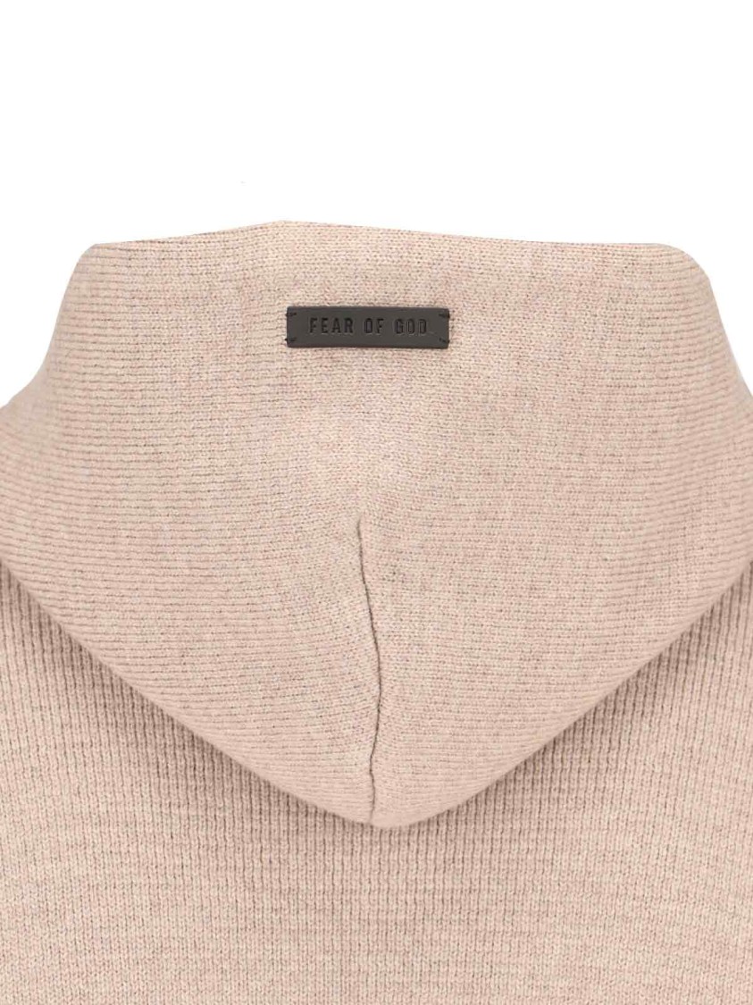Shop Fear Of God Knitted Hoodie In Beige Wool Engraved Logo Tag