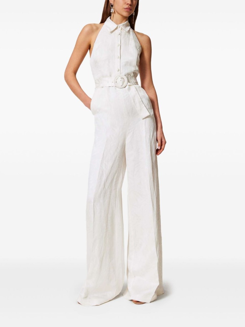 TWINSET TWIN-SET WHITE WIDE-LEG JUMPSUIT WITH HALTER NECK AND BELTED WAIST