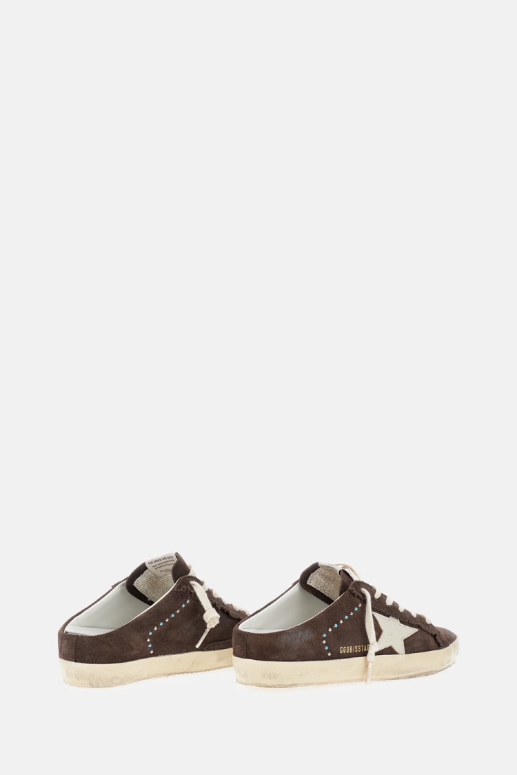 Golden Goose Super-star Sabot Distressed Leather-trimmed Studded Suede Slip-on Sneakers In Brown