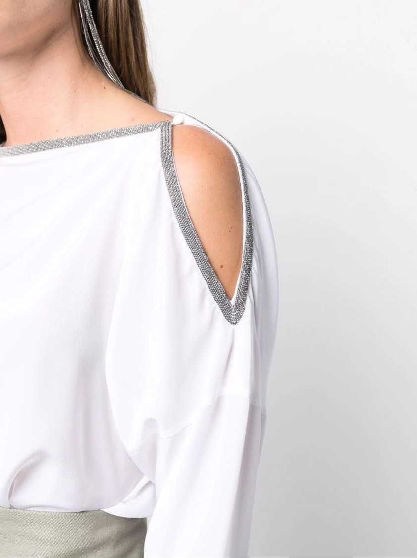 Brunello Cucinelli Long-sleeve White Knit Top With Unique Shoulder Detail In White
