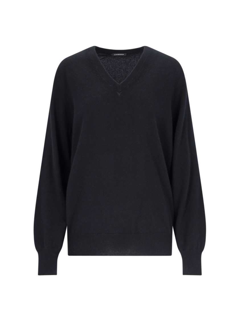 Canessa V-neck Sweater In Black Cashmere Ribbed Trim