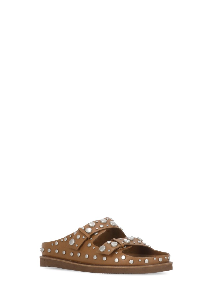 Ash Ultra Tan Leather Studded Two Bar Mules In Brown