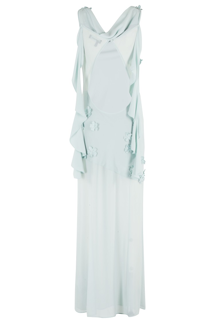 ROTATE BIRGER CHRISTENSEN ROTATE MAXI WATERFALL DRESS WITH 3D FLORAL APPLIQUÉS