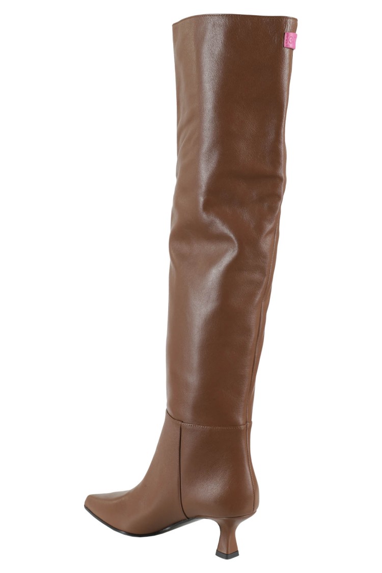 3juin Knee-length Brown Leather Boots With Pointed Toe In Brown