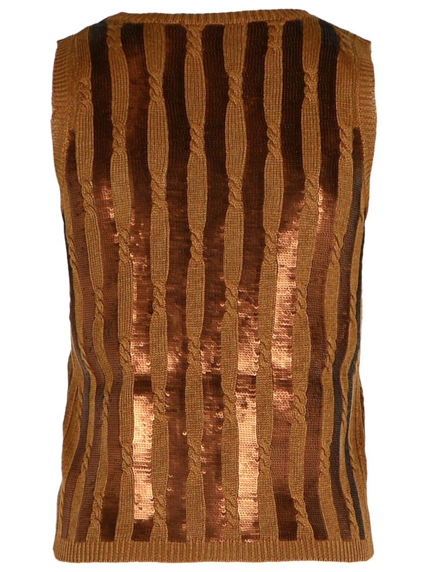 Max Mara Golia Linen Knitted Tank Top With Embroidered Sequin In Brown