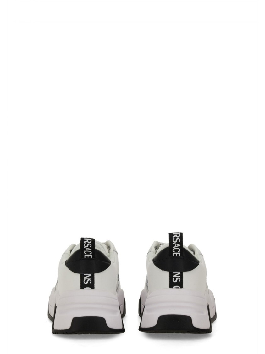 Shop Versace Jeans Couture Leather Sneakers With Textured Finish And Metallic Accents In White