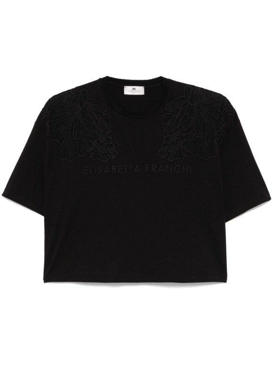 Elisabetta Franchi Cropped Black T-Shirt With Floral