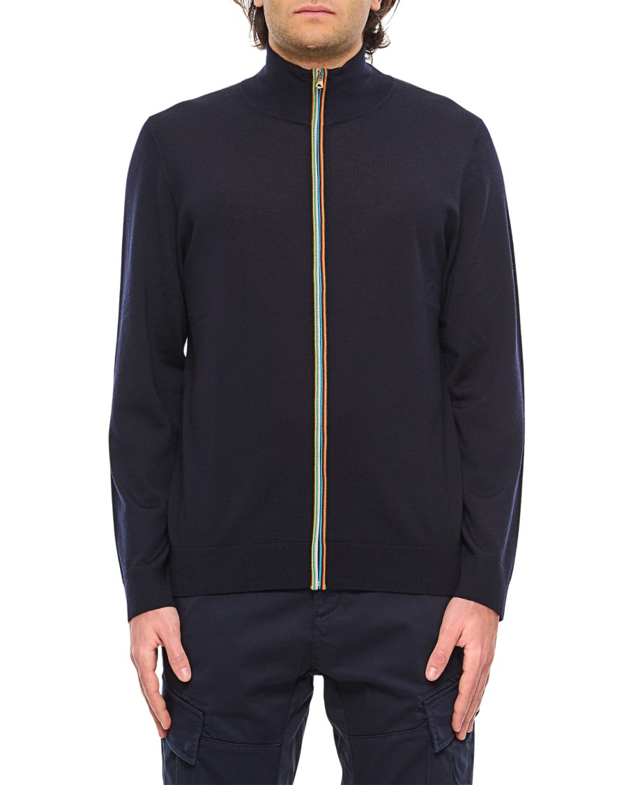 Shop Paul Smith Navy Washable Merino Wool 'signature Stripe' Zip Cardigan In Blue