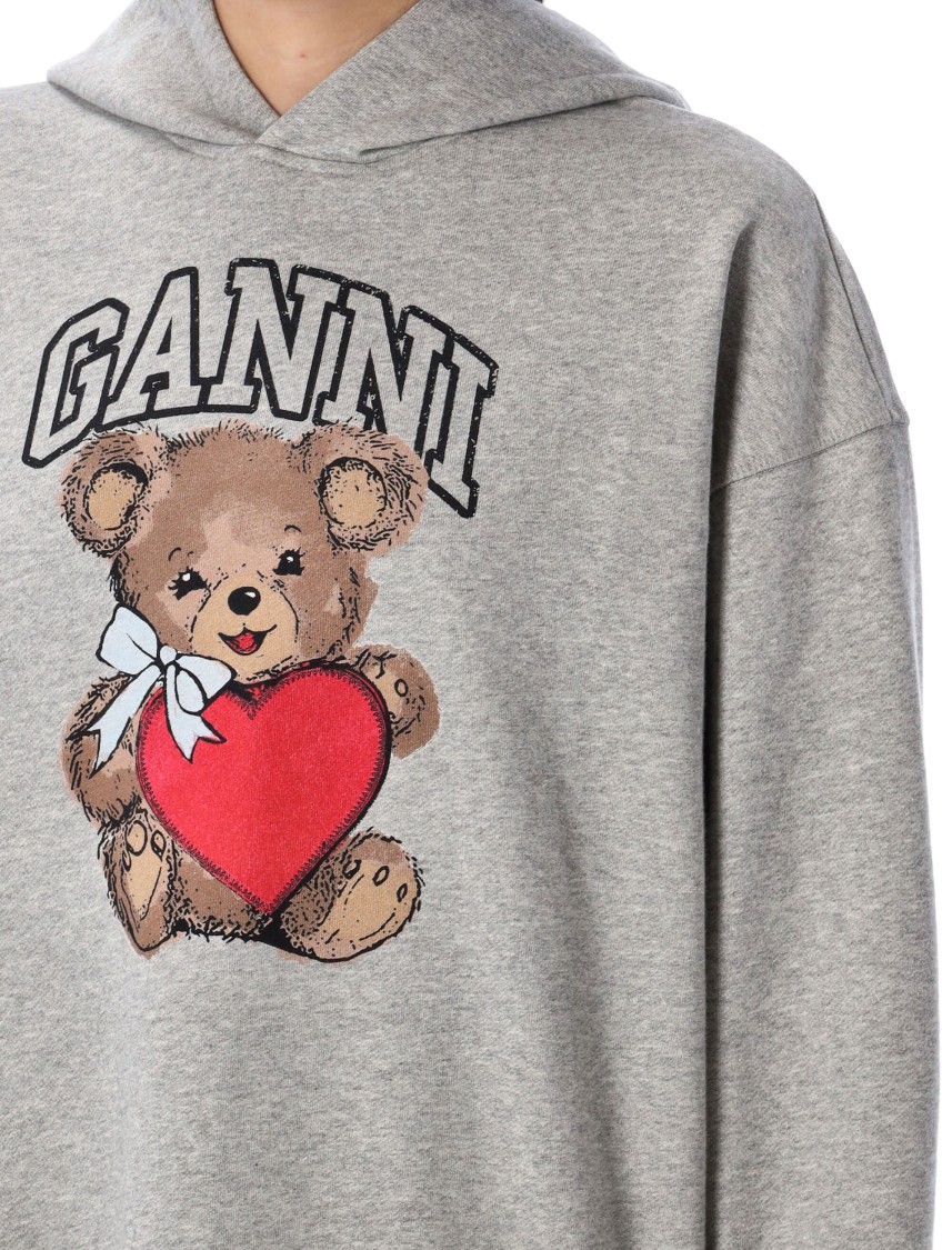 Ganni Bear Print Hooded Sweatshirt In Grey