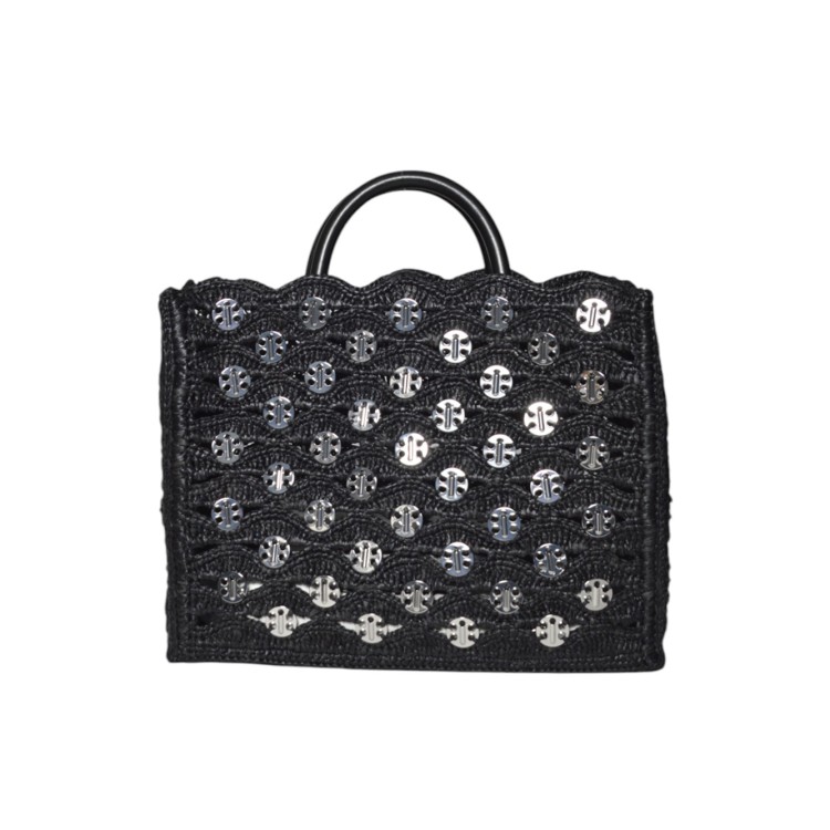トートバッグ Rabanne Black Raffia Tote Bag With Logo Medallions Rabanne Black Raffia Tote Bag With Logo Medallions | THE LIST