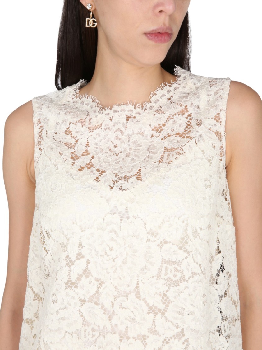 Dolce & Gabbana Logoed Stretch Lace Top In White