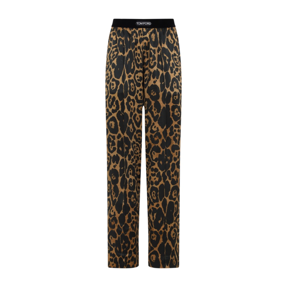 Tom Ford Camel Silk Blend Leopard Print Trousers In Black