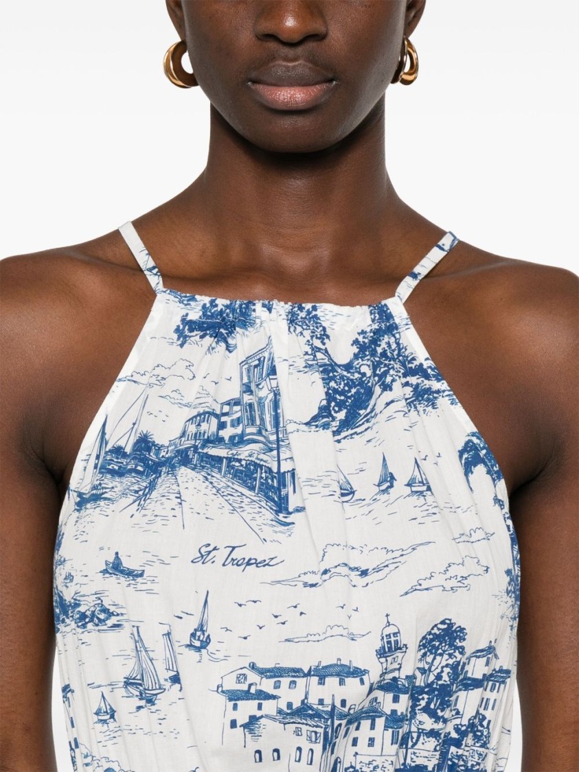 Mc2 Saint Barth Halterneck Maxi Dress With Scenic Blue And White Print In Multi