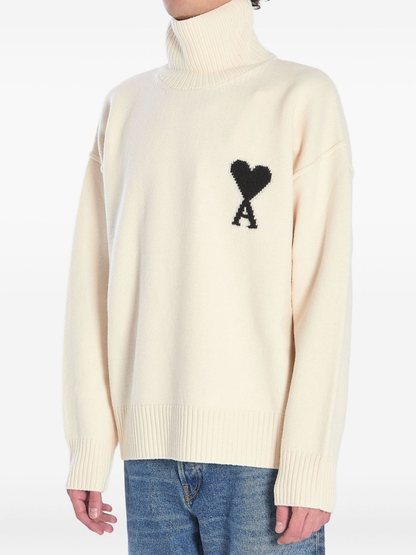 Ami Alexandre Mattiussi Ami White Turtleneck Sweater With Heart Motif In Neutral