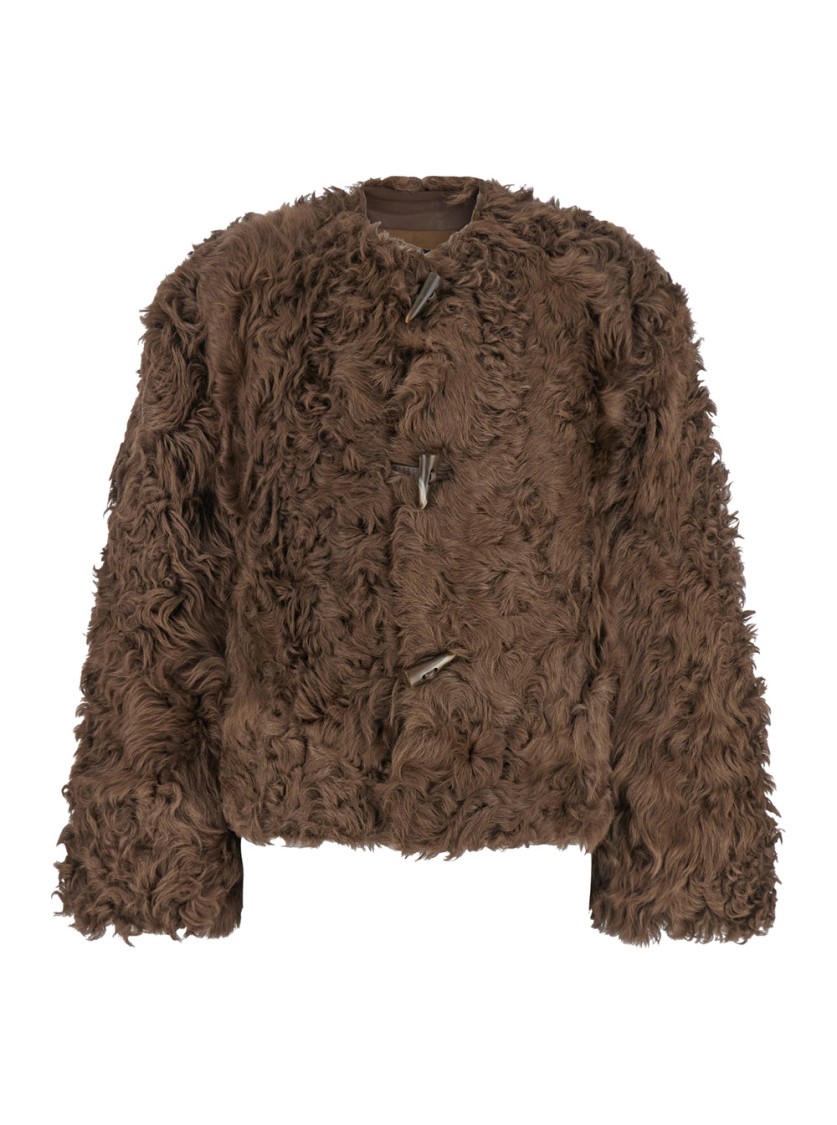 Plain Collarless Lamb Fur Jacket In Brown