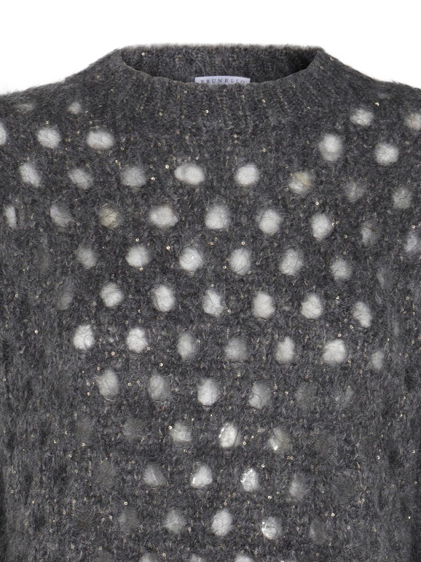 Brunello Cucinelli Open-knit Grey Sweater With Metallic Threads In Gray