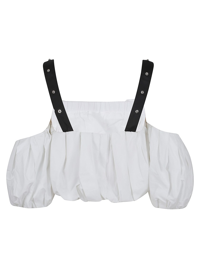 Pinko Cropped Beige Top With Puff Sleeves And Adjustable Straps