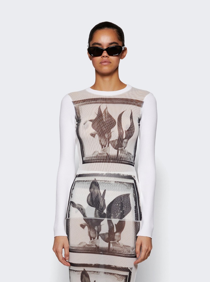 Jean Paul Gaultier Flowers Cadres Mesh Long Sleeve Top White In White
