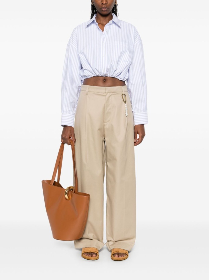 Shop Darkpark Beige Relaxed Wide-leg Trousers With Pearl Accents