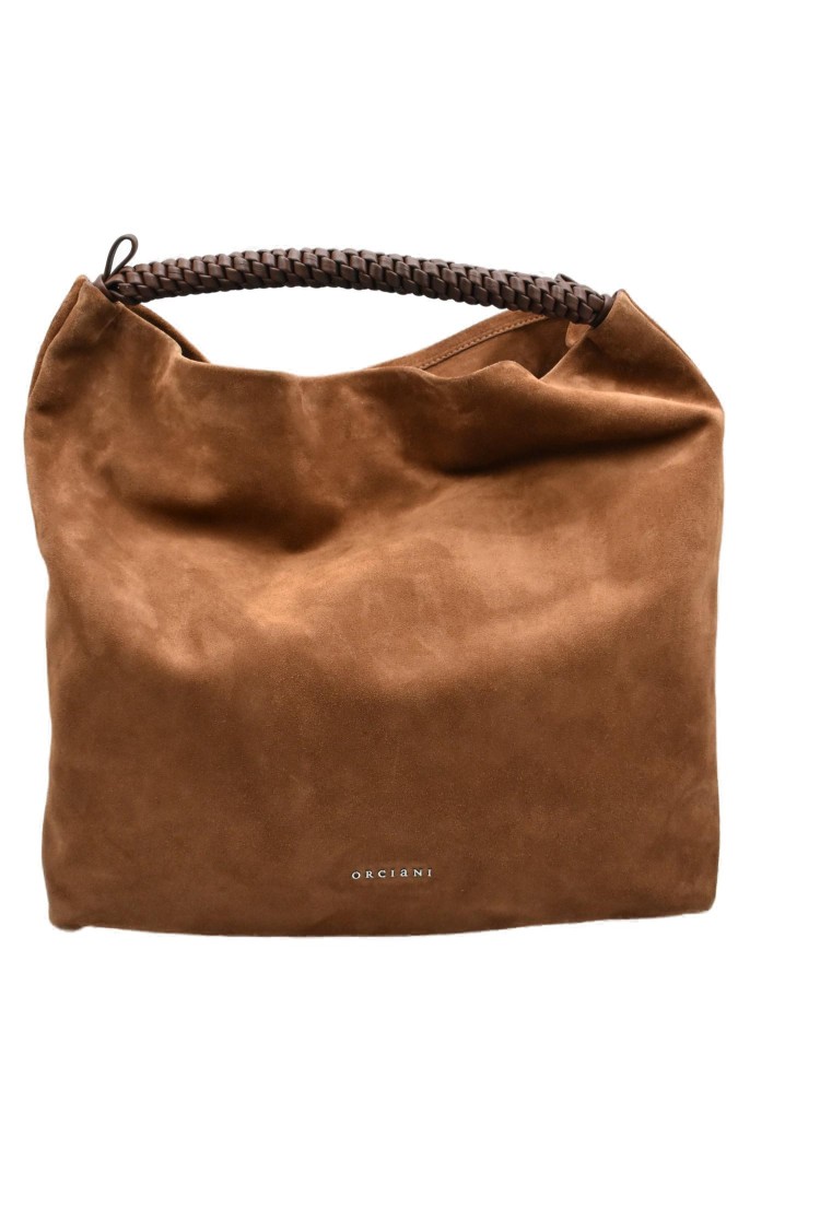 Orciani Soft Suede Shoulder Handbag With Braided Strap In Brown