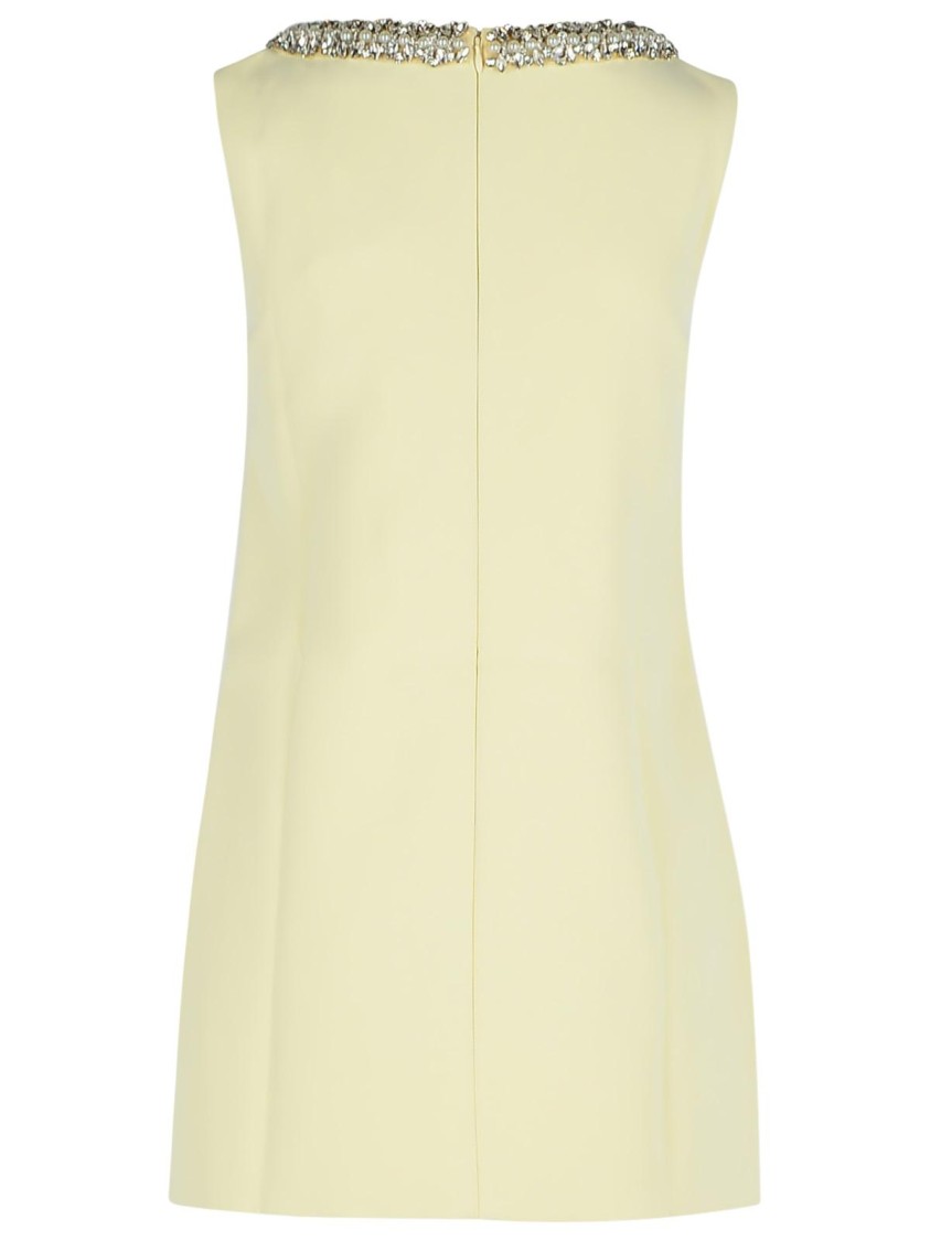 Self-portrait Yellow Crewneck Mini Dress With Jewel Embellishment On The Collar And Bow Detail On The Front In Tec In Nude