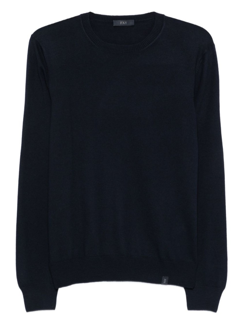 Fay Round Neck Fine Wool Sweater With Ribbed Detailing In Black