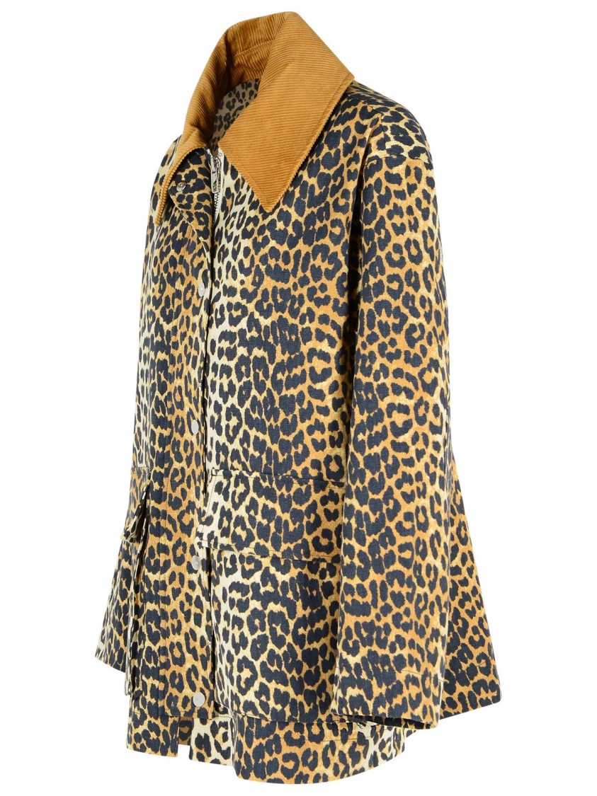 Ganni Leopard Printed Canvas Midi Puffer Jackets Brown