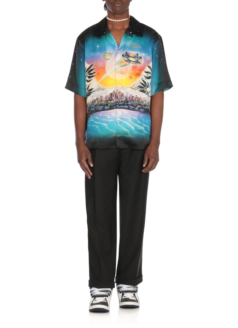 Casablanca Graphically Enhanced Silk Shirt With Cuban Collar