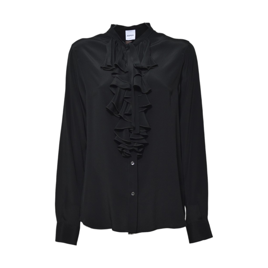 Shop Aspesi Black Crepe De Chine Blouse With Ruffles