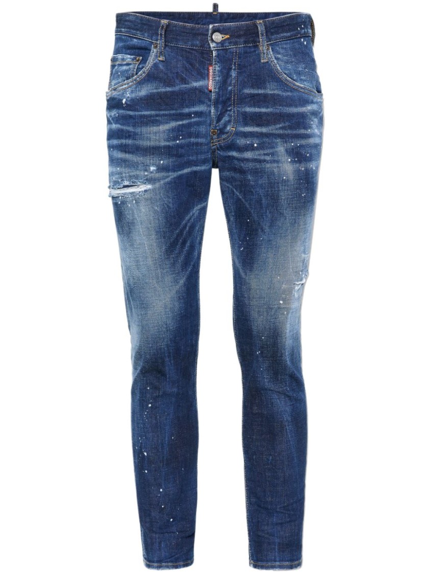 Dsquared2 Distressed Slim-fit Jeans With Paint Splatter Details In Blue