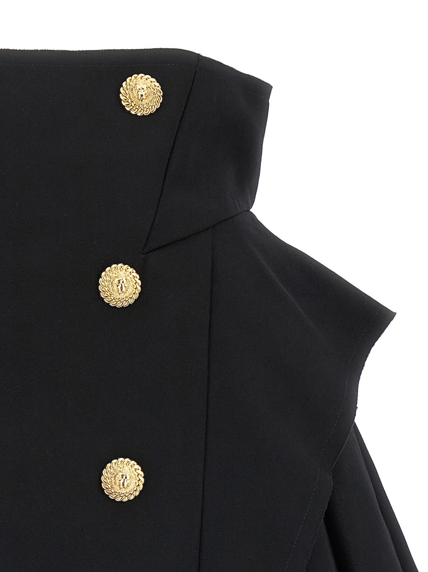 Balmain Button-embellished Pleated Grain De Poudre Wool Mini Skirt In Black