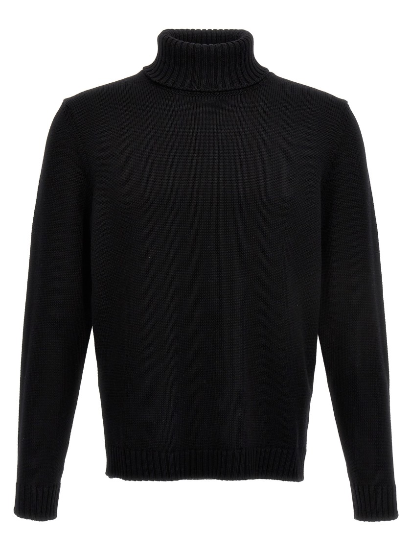 Zanone Fitted Black Wool Turtleneck Sweater With Long Cuffed Sleeves In Black
