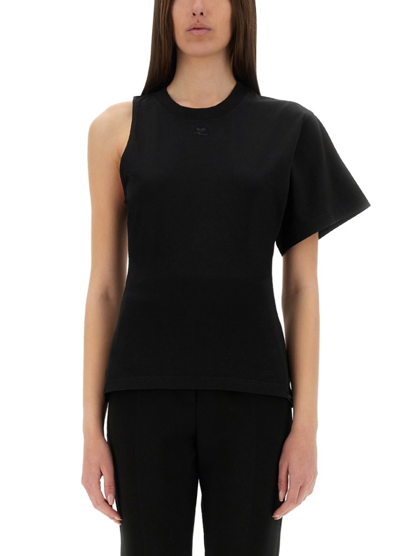 Shop Courrèges One-shoulder Black T-shirt In Soft Cotton