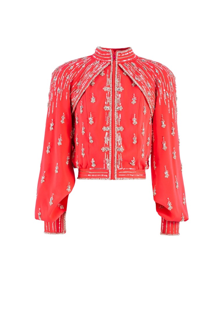 Saiid Kobeisy Embellished Coral Bomber Jacket In Red